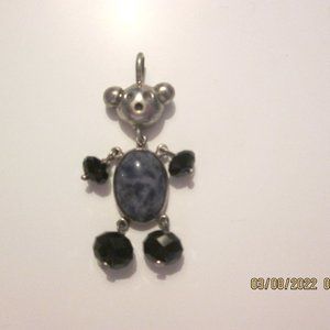 Silvertone "BEAR" Lapis Lazuli & Black Onyx Dangle Pendant